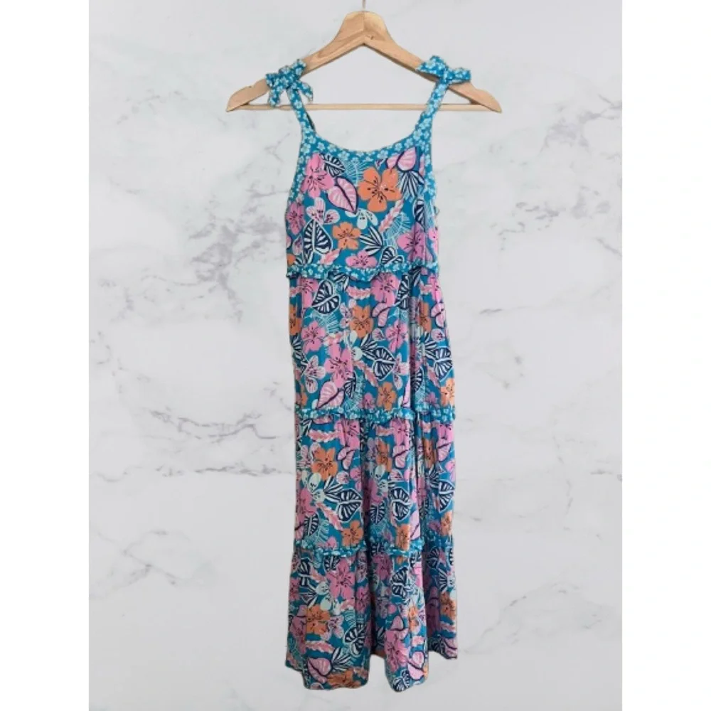 Cat & Jack Girl’s Blue Pink Floral Tiered Flowy Maxi Summer Sundress L(10/12)